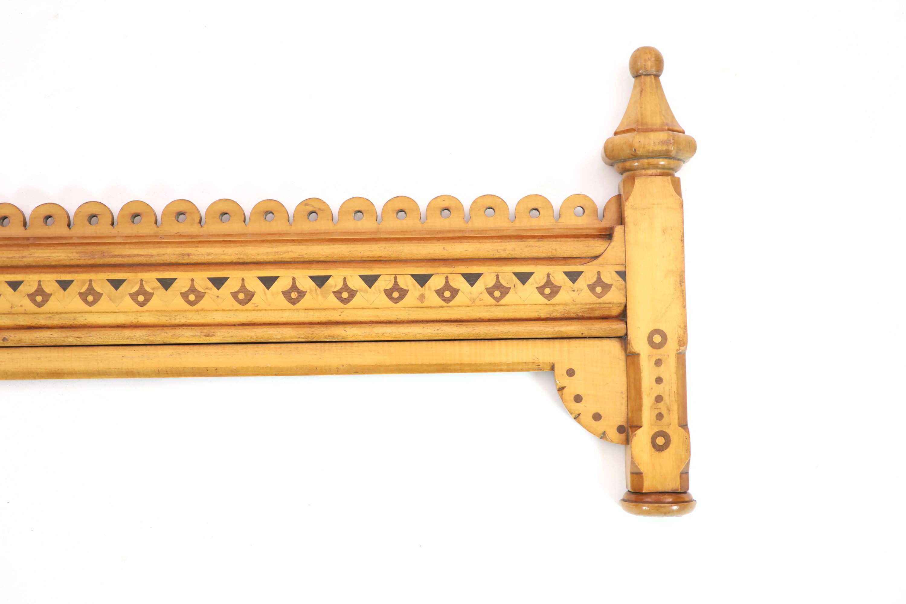 Attributed to Charles Bevan for Marsh, Jones and Cribb. An Aesthetic movement marquetry inlaid satin birch tester front panel and footboard, c.1865 H 131cm. W 168cm.